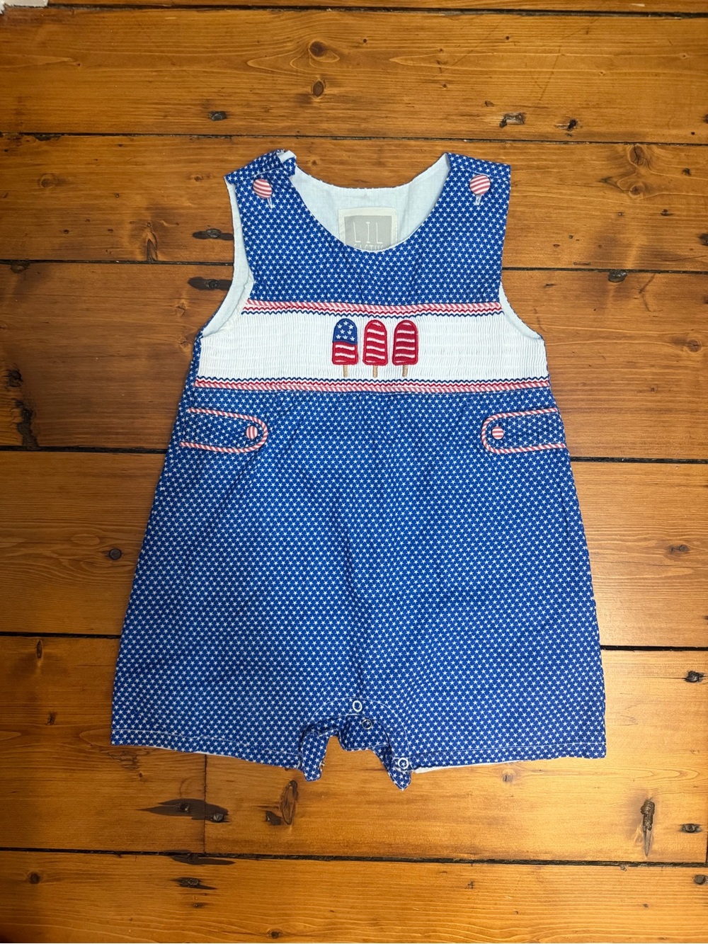 Blue Polka Dot Smocked Romper with Patriotic Popsicle Motif